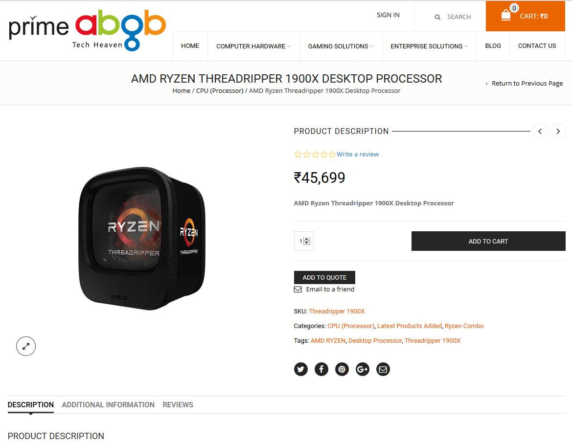 AMD Ryzen Threadripper 1900X замечен в индийской рознице